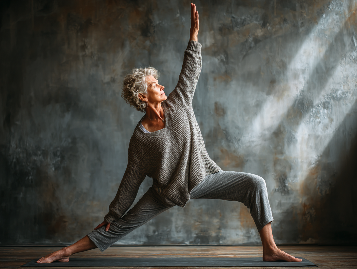 Група старших людей займається йогою на відкритому повітрі