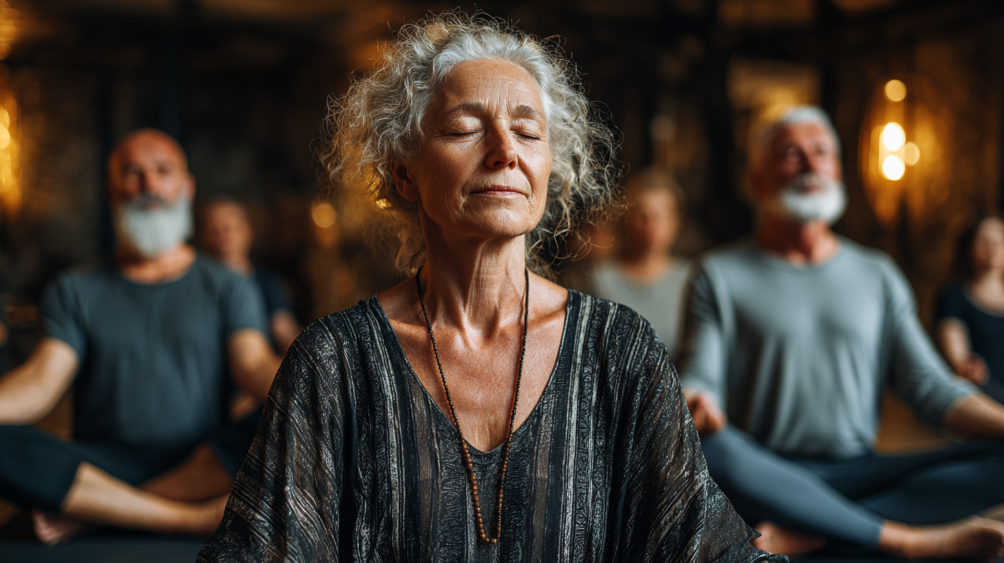 Інструктор йоги демонструє вправи для літніх людей в сучасній студії